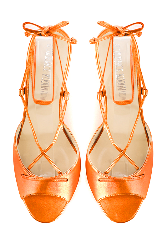 Apricot orange women's open back sandals, with crossed straps. Round toe. High wedge heels. Top view - Florence KOOIJMAN